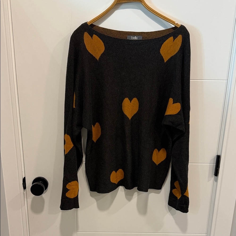 Belle Black Sweater with Orange Heart Pattern size medium